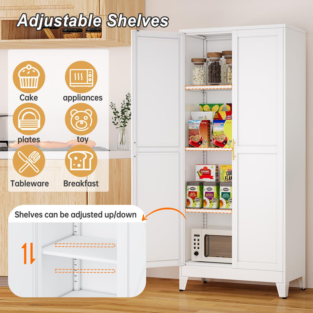 White Metal Pantry Cabinet with 2 Doors and Adjustable Shelves L872