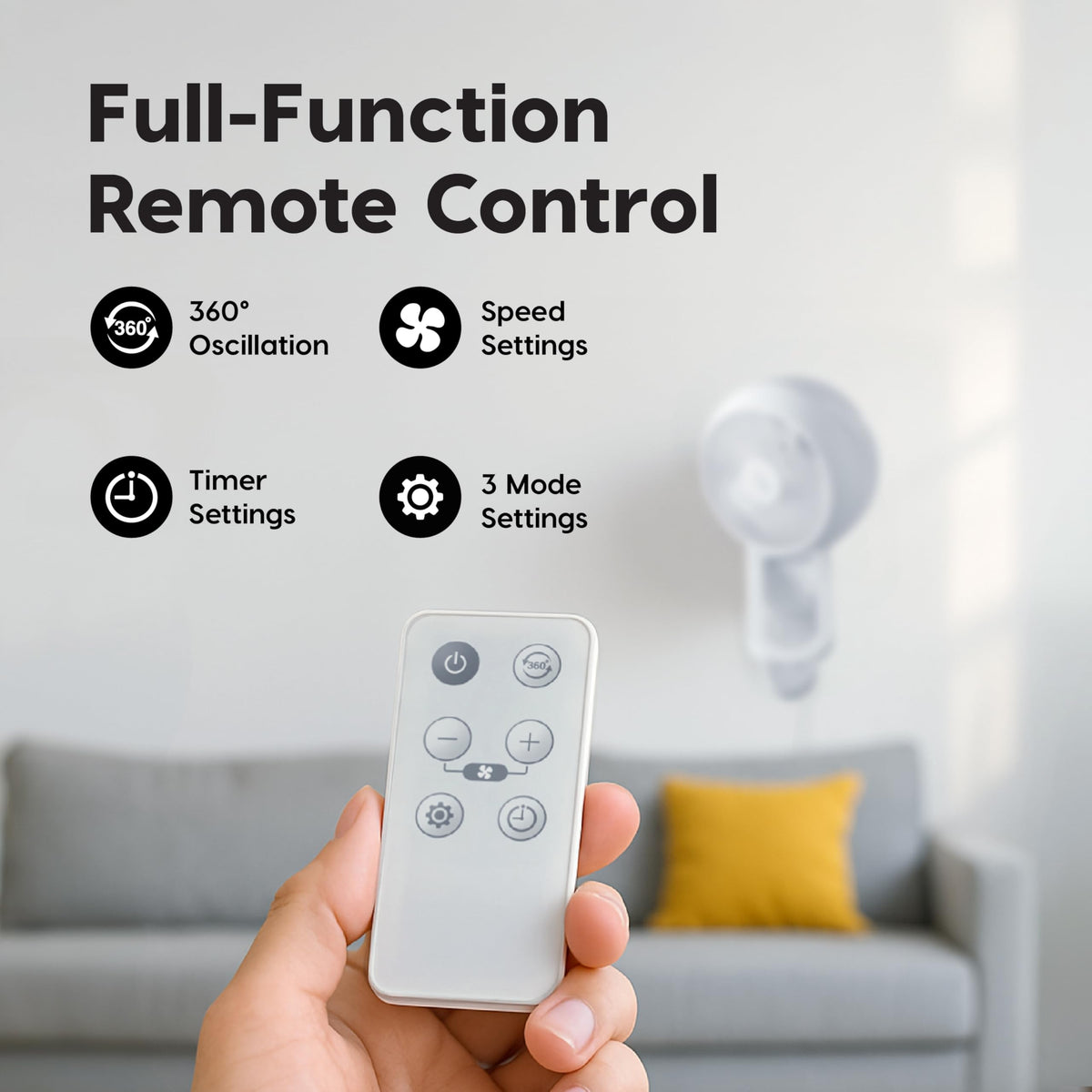 Wall Mount Fan with Remote, 360° Oscillation, 3 Speeds, White P9902