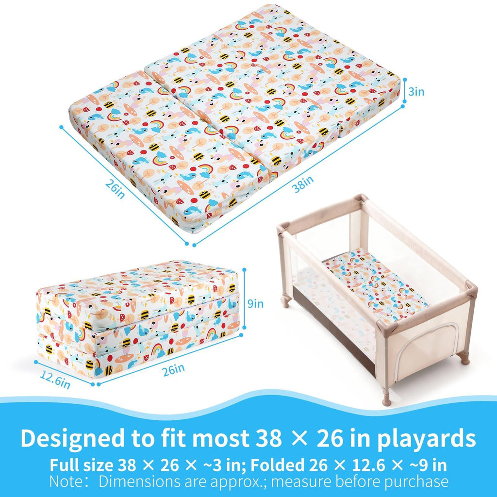 Trifold Pack and Play Mattress 38x26, Dual Sided Foldable Waterproof Washable Portable Crib Mattress Topper with Carry Bag O21724