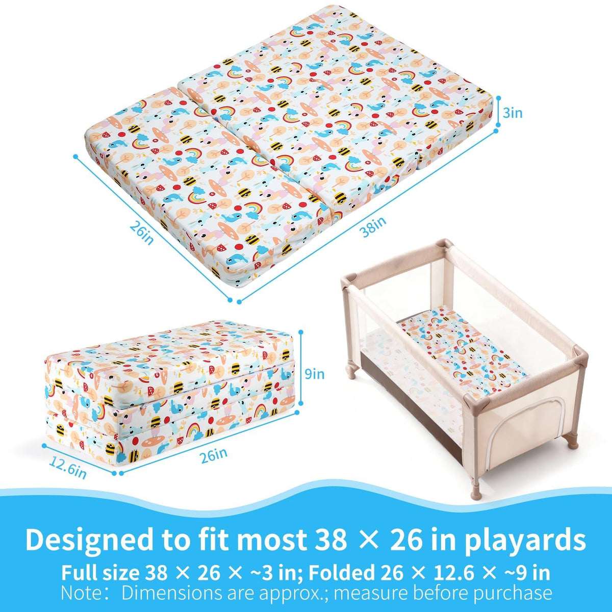 Trifold Pack and Play Mattress 38x26, Dual Sided Foldable Waterproof Washable Portable Crib Mattress Topper with Carry Bag O21724
