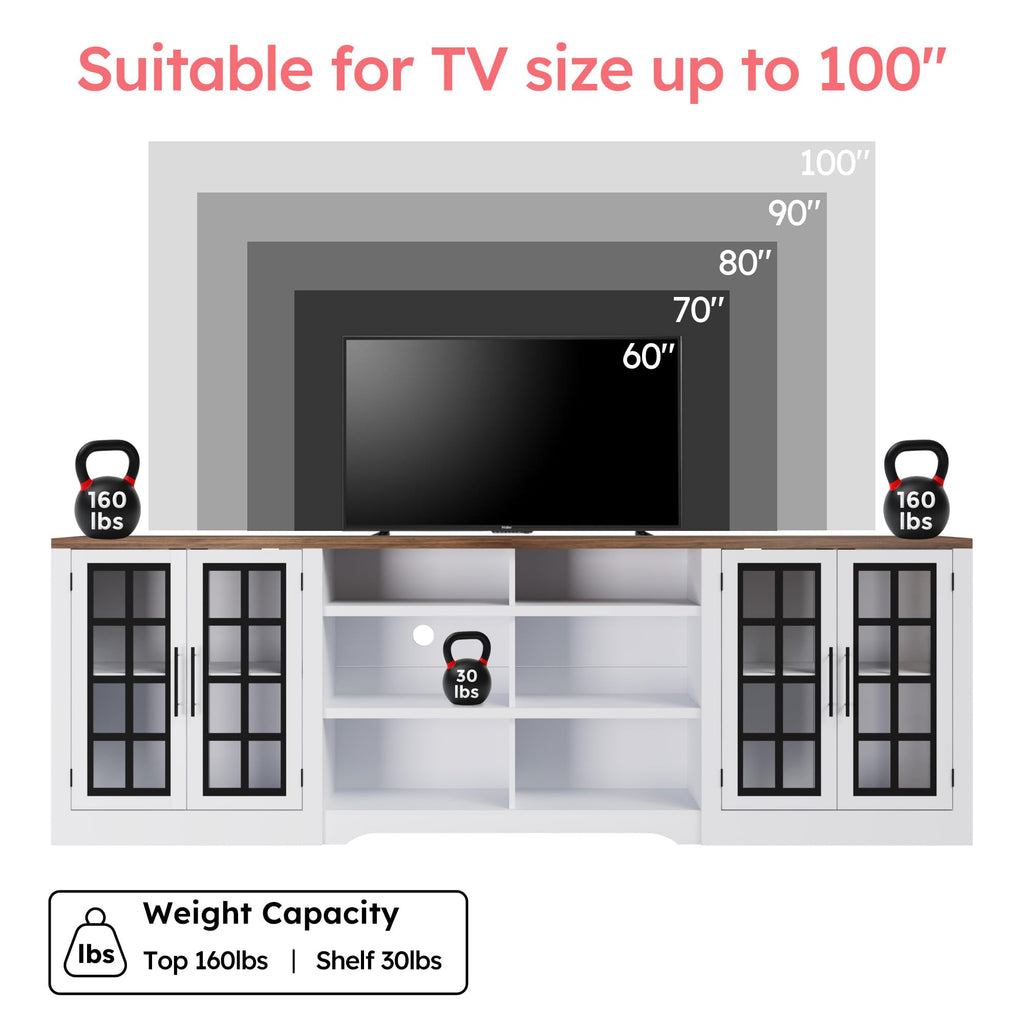 White Black TV Stand with 2 Cabinets and 3-Tier Shelves P67481