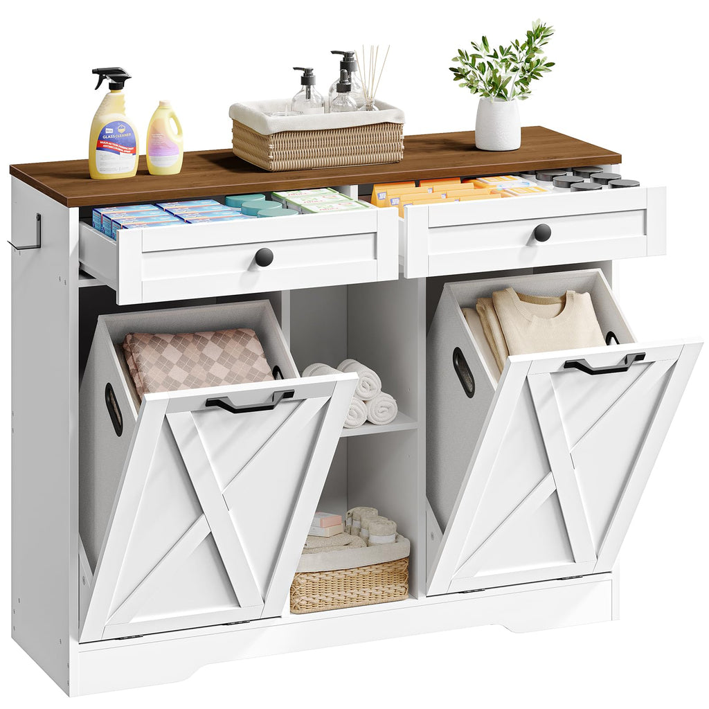 White and Walnut 23 Gallon Laundry Hamper Cabinet with 2 Drawers X8389