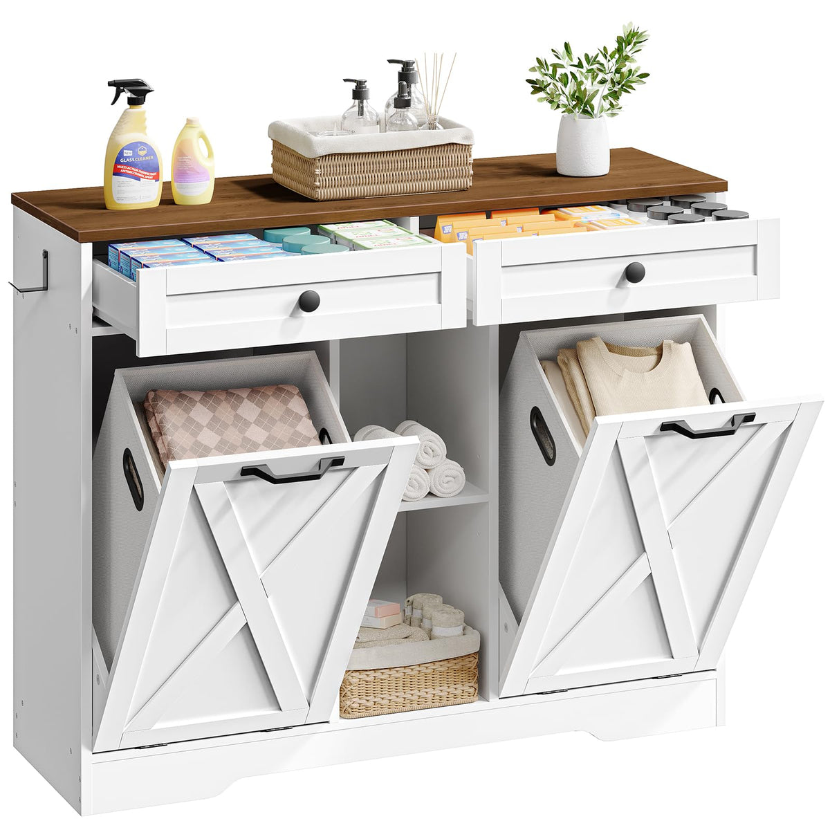 White and Walnut 23 Gallon Laundry Hamper Cabinet with 2 Drawers X8389