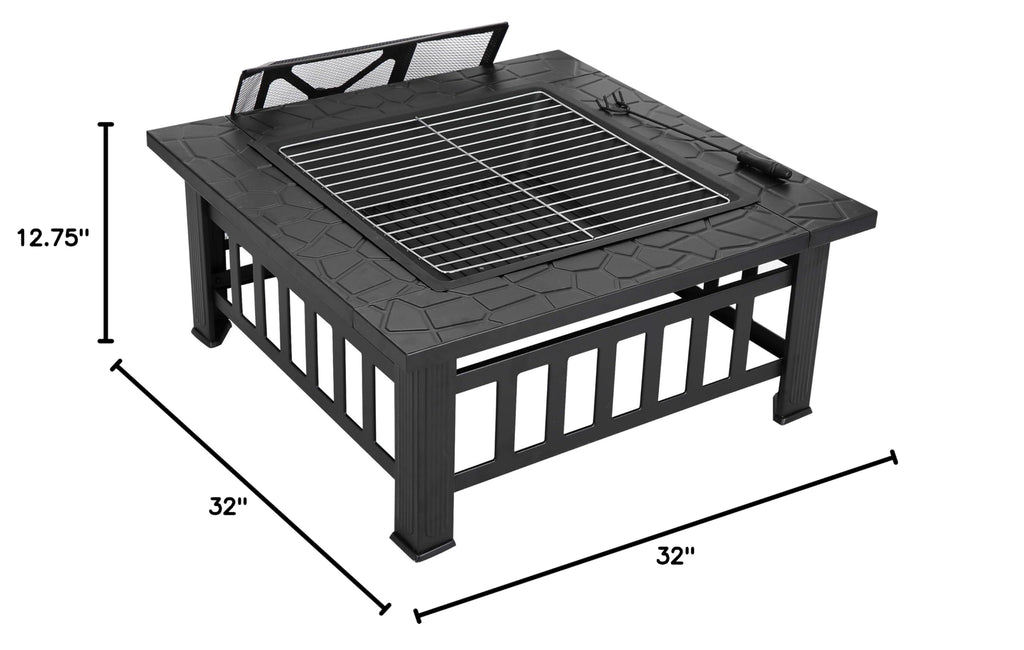 32 Inch Square Metal Outdoor Fire Pit with Spark Screen Lid and Waterproof Cover O834