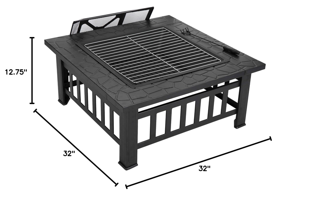32 Inch Square Metal Outdoor Fire Pit with Spark Screen Lid and Waterproof Cover O834