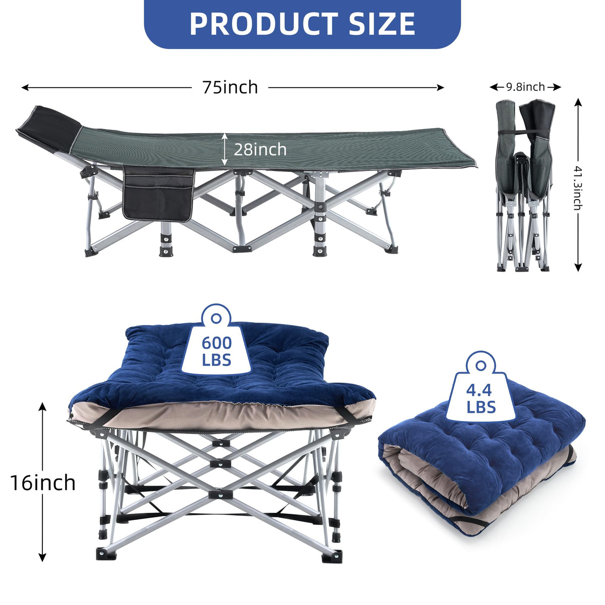 Blue Camping Cot with Cushion, Pillow and Carry Bag E57134