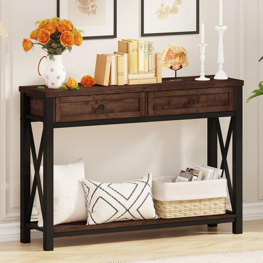 Rustic Console Table with 2 Drawers and 4-Tier Ladder Shelf V17730