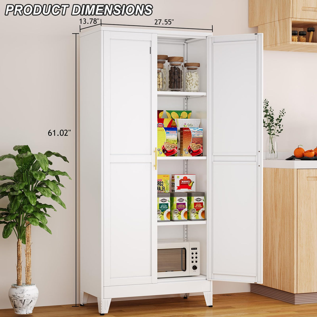 White Metal Pantry Cabinet with 2 Doors and Adjustable Shelves L872