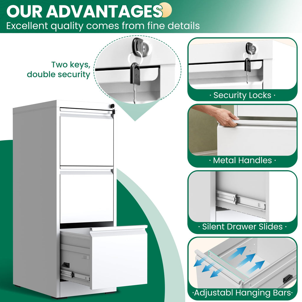 White 3 Drawer Metal File Cabinet with Lock T9136