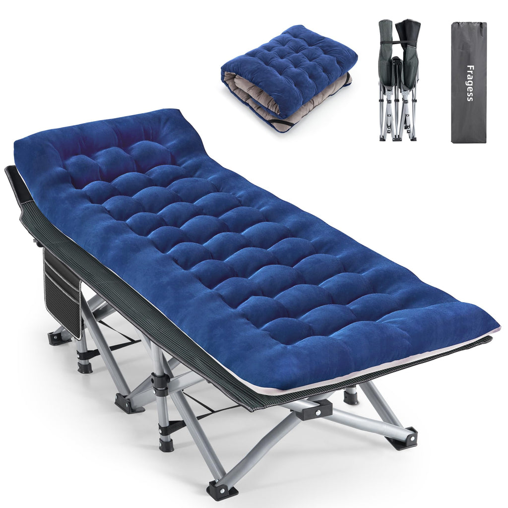 Blue Camping Cot with Cushion, Pillow and Carry Bag E57134
