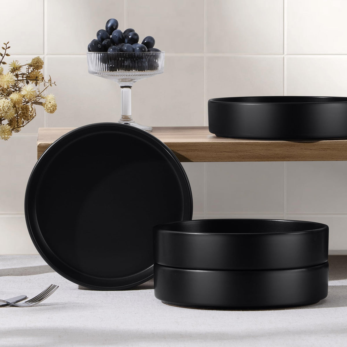 Black Ceramic Pasta Bowls Set of 4 Q229