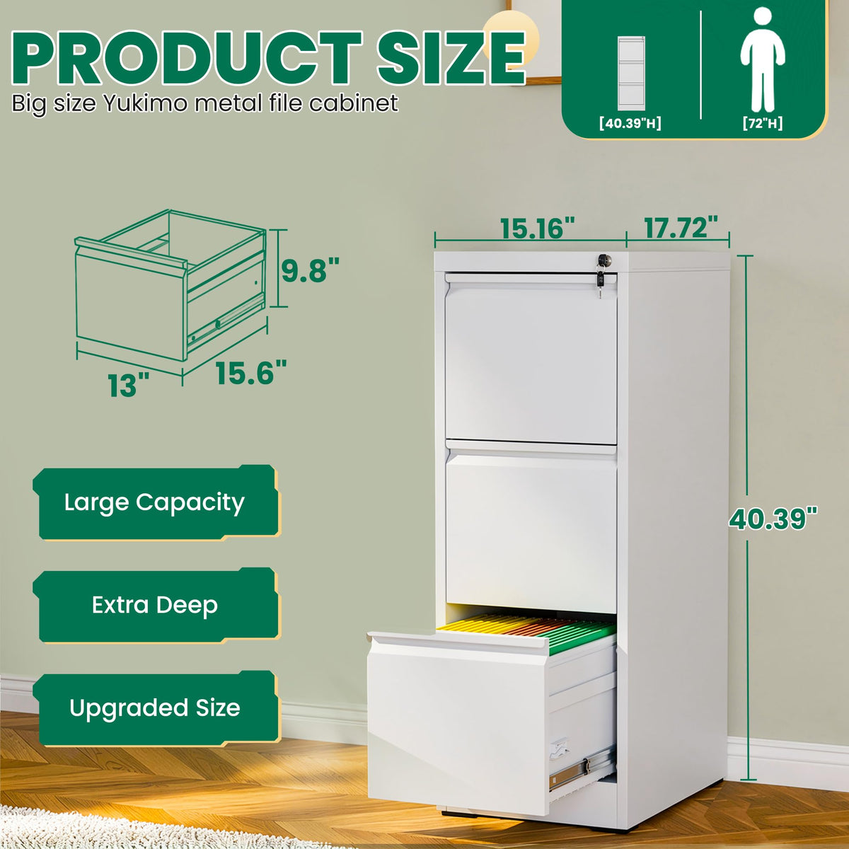 White 3 Drawer Metal File Cabinet with Lock T9136