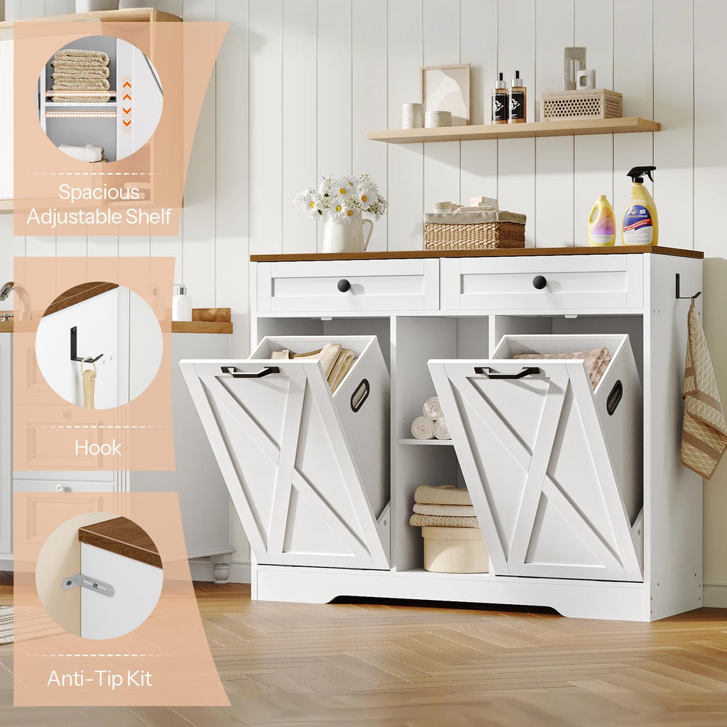 White and Walnut 23 Gallon Laundry Hamper Cabinet with 2 Drawers X8389