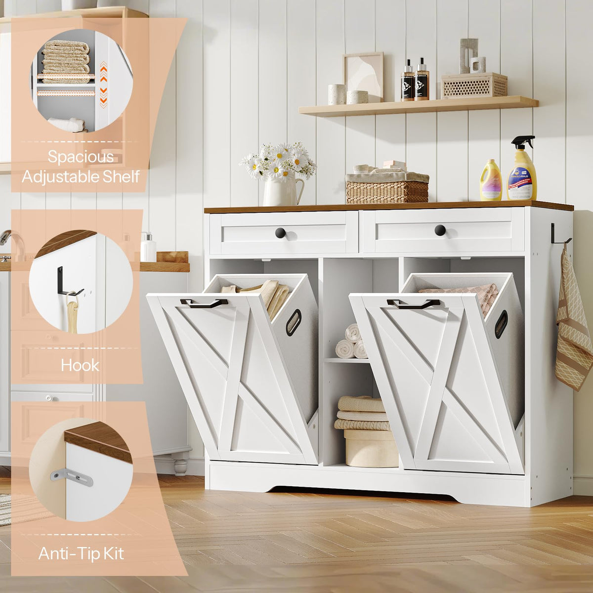 White and Walnut 23 Gallon Laundry Hamper Cabinet with 2 Drawers X8389