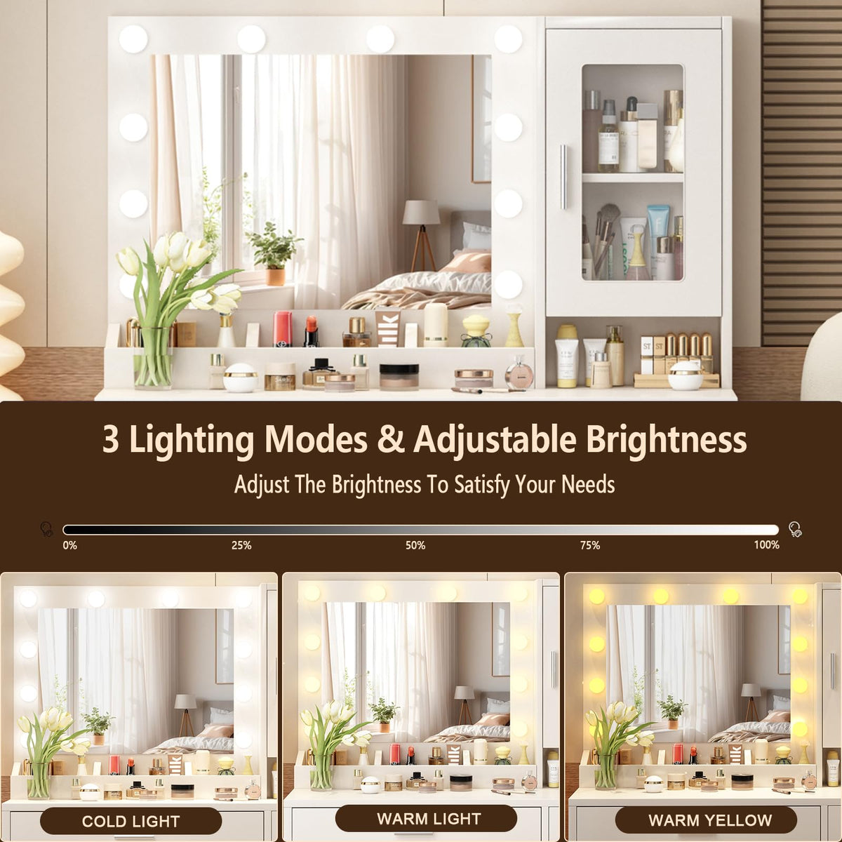 Makeup Vanity Desk Set with LED Lights Mirror Chair F14349
