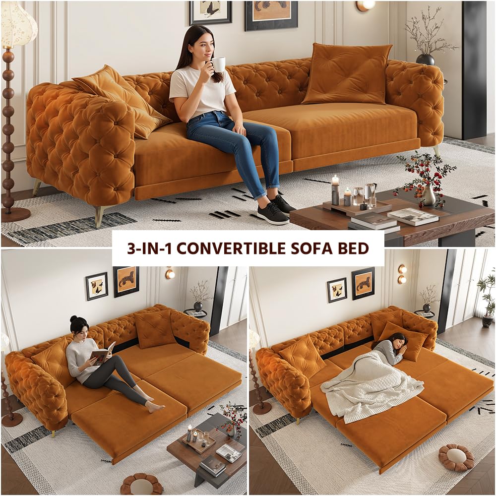 97.7" 3-in-1 Convertible Sleeper Sofa, Tufted Velvet Pull-Out Sofa Bed with Ottoman Q550