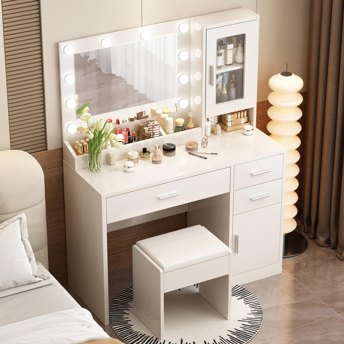 Makeup Vanity Desk Set with LED Lights Mirror Chair F14349