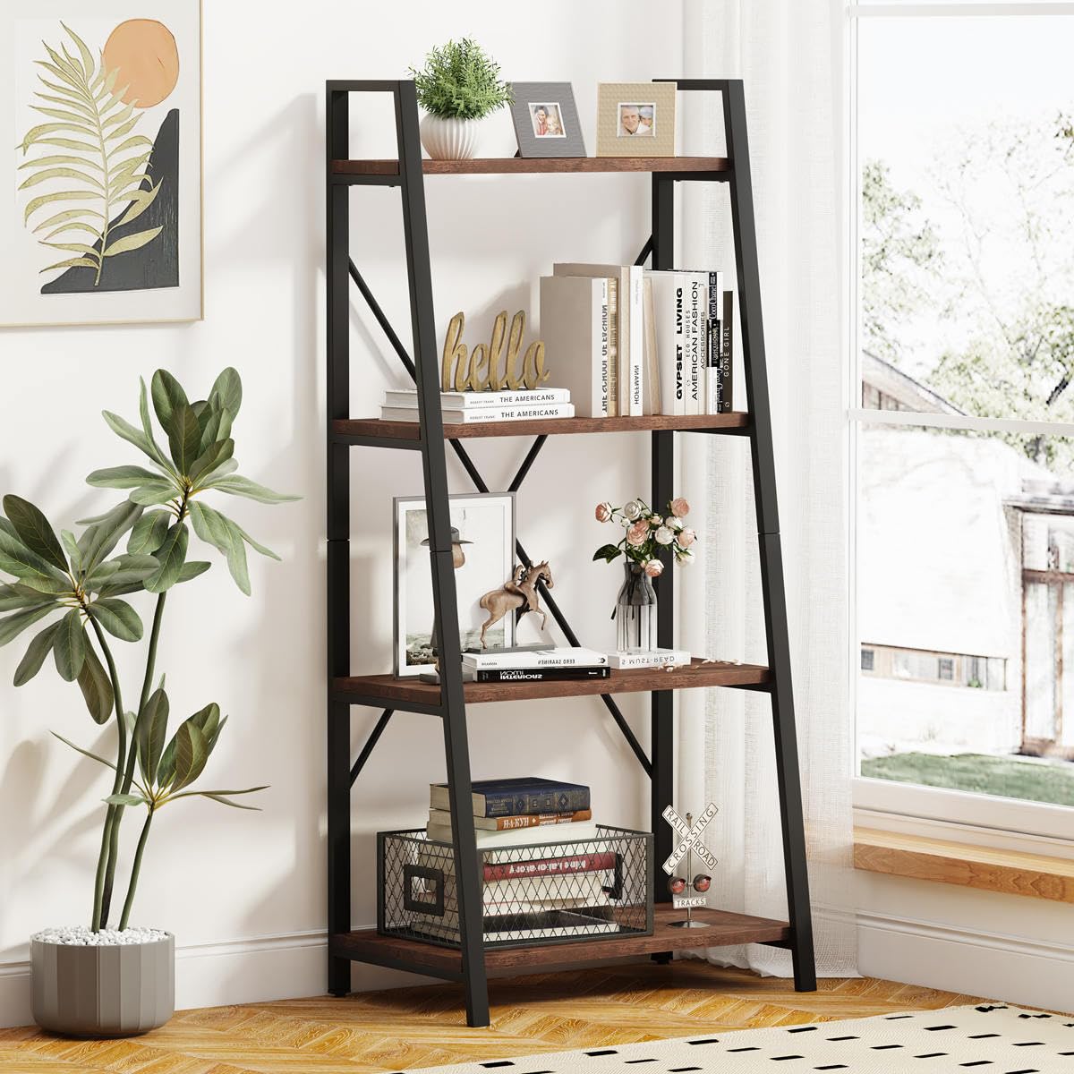 Rustic Console Table with 2 Drawers and 4-Tier Ladder Shelf V17730