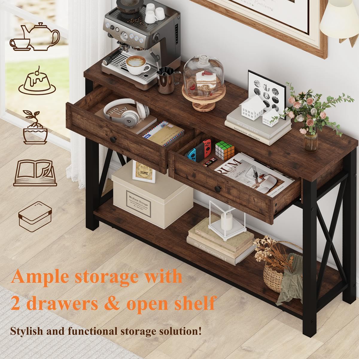 Rustic Console Table with 2 Drawers and 4-Tier Ladder Shelf V17730