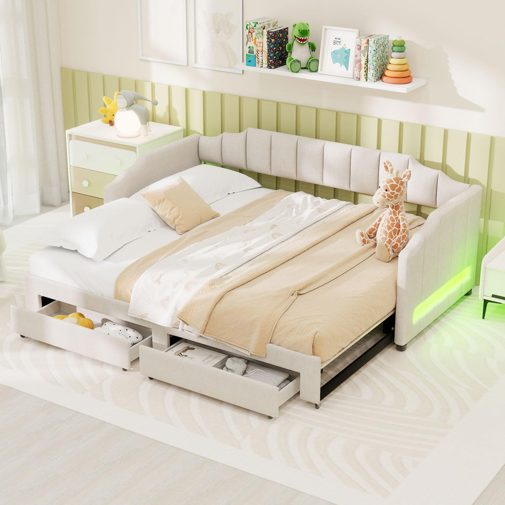 Twin XL to King Size Upholstered Daybed with Trundle and 2 Storage Drawers O660
