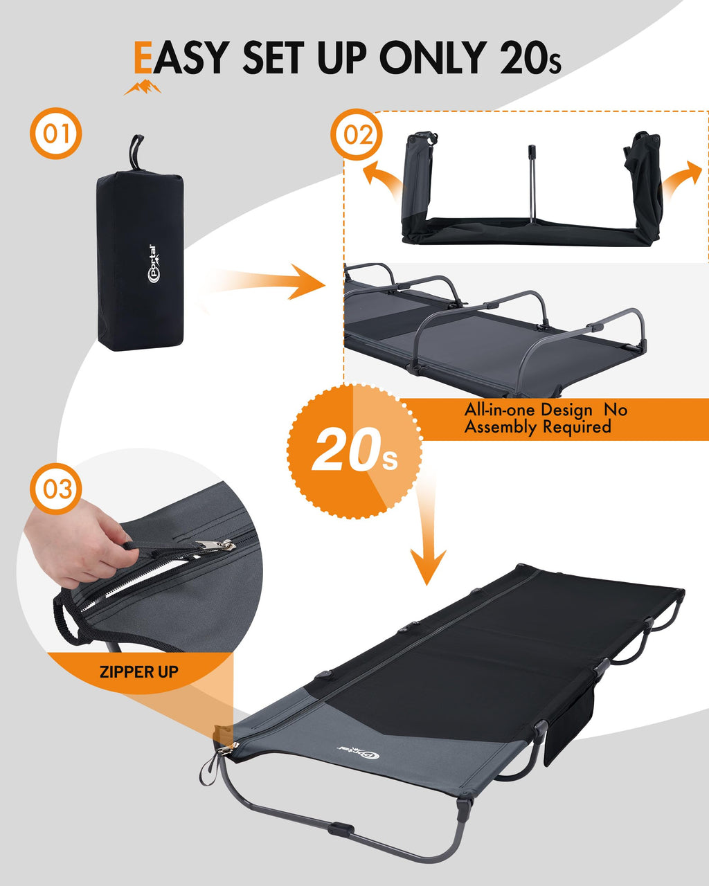 Ultra-Light 7.1 lbs Foldable Camping Cot with Side Pocket C88387