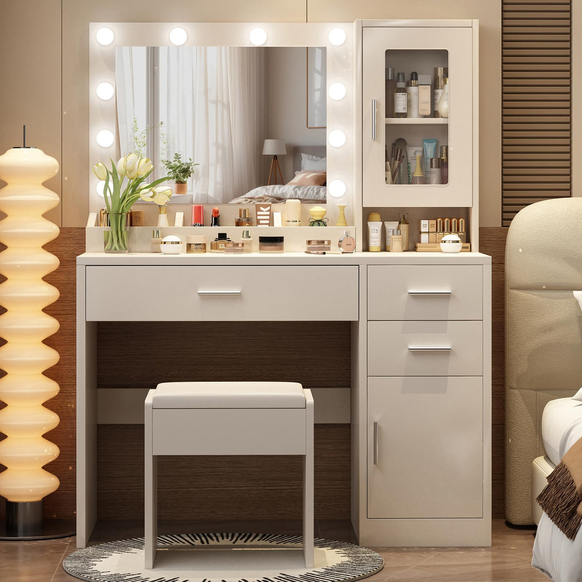 Makeup Vanity Desk Set with LED Lights Mirror Chair F14349