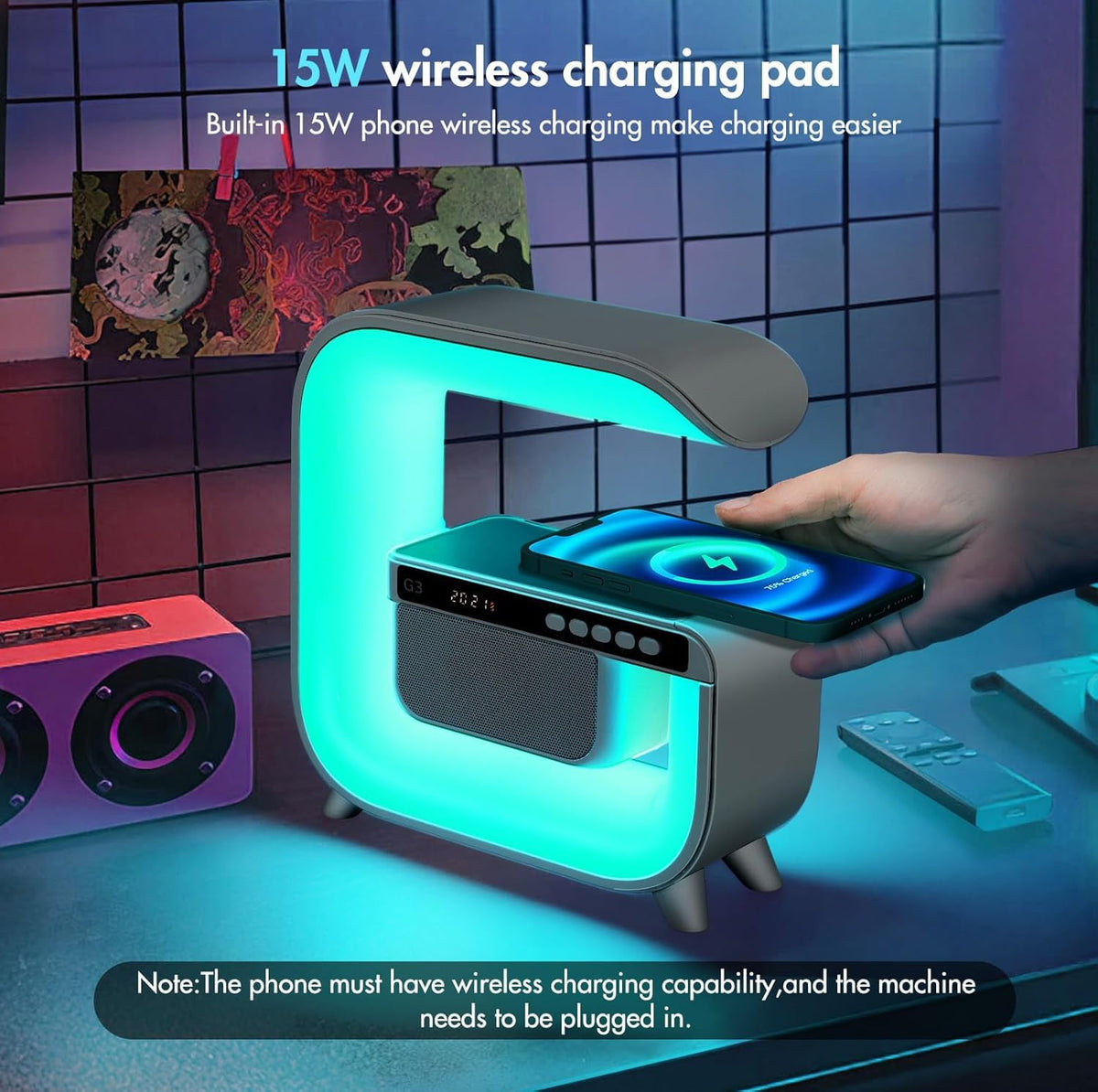 Table Lamp with Bluetooth Speaker, Wireless Charger, Alarm Clock Y997428