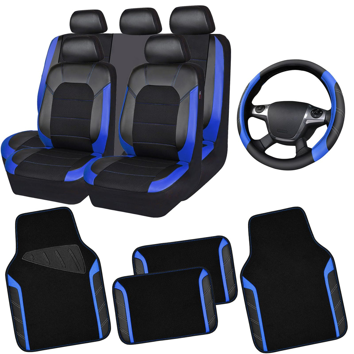 Air Mesh Leather Car Seat Covers Full Set, Waterproof Car Floor Mats, Steering Wheel Cover C785