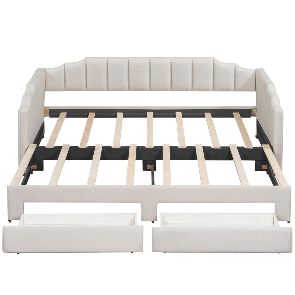 Twin XL to King Size Upholstered Daybed with Trundle and 2 Storage Drawers O660