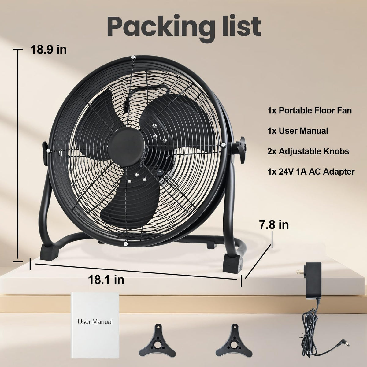 14" Battery Operated Floor Fan with AC Adapter, 1500 CFM Variable Speed Metal Fan U2245