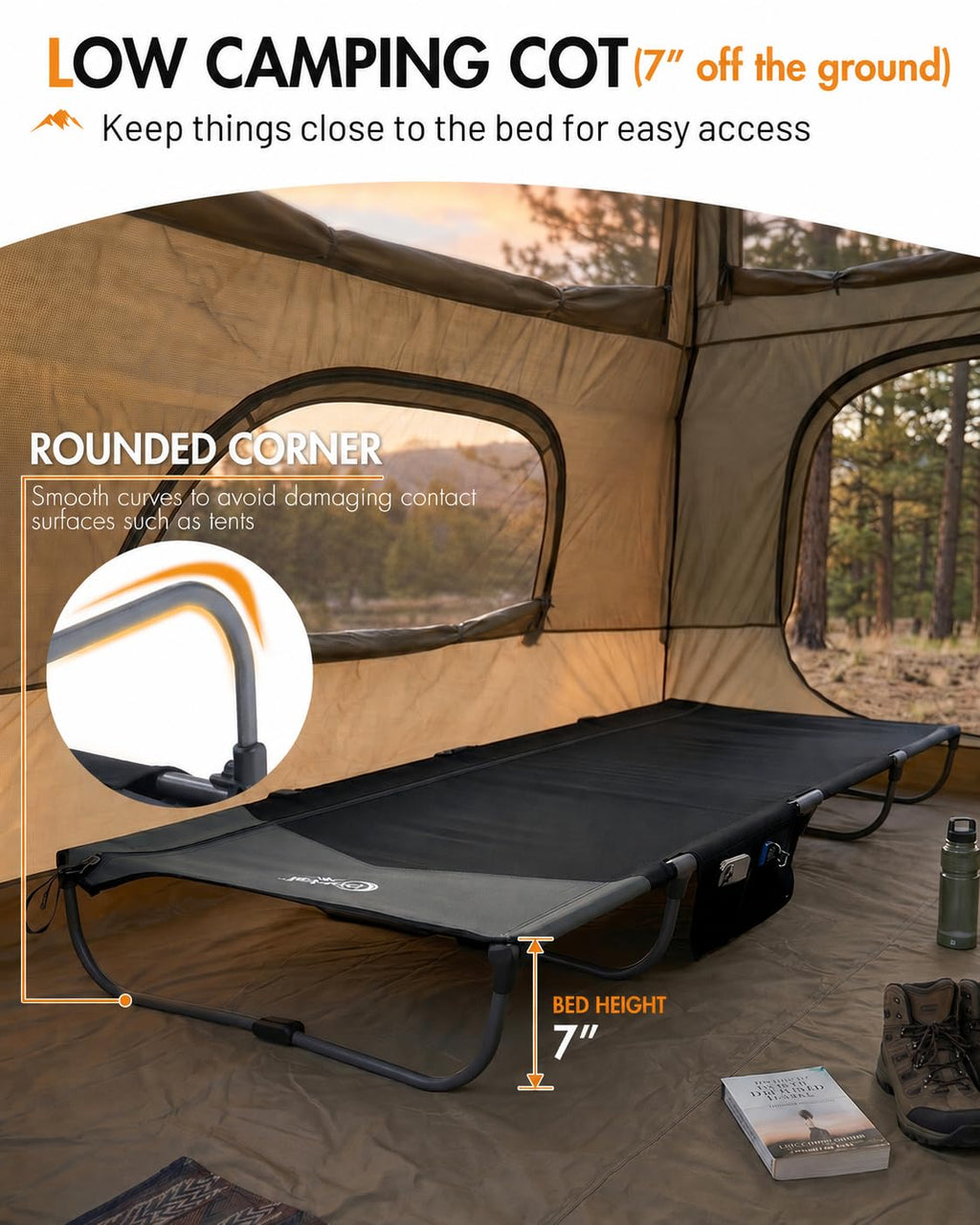 Ultra-Light 7.1 lbs Foldable Camping Cot with Side Pocket C88387