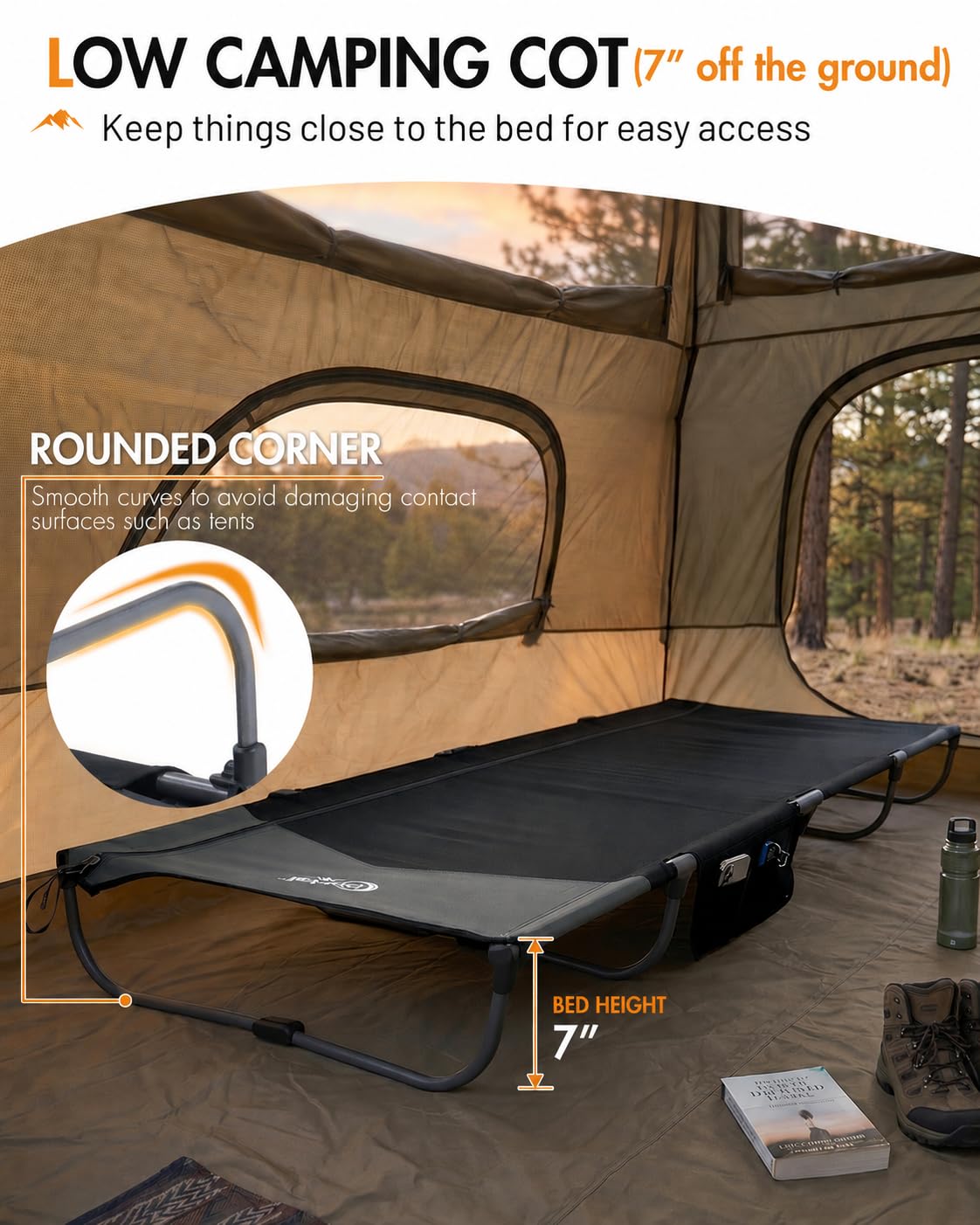 Ultra-Light 7.1 lbs Foldable Camping Cot with Side Pocket C88387