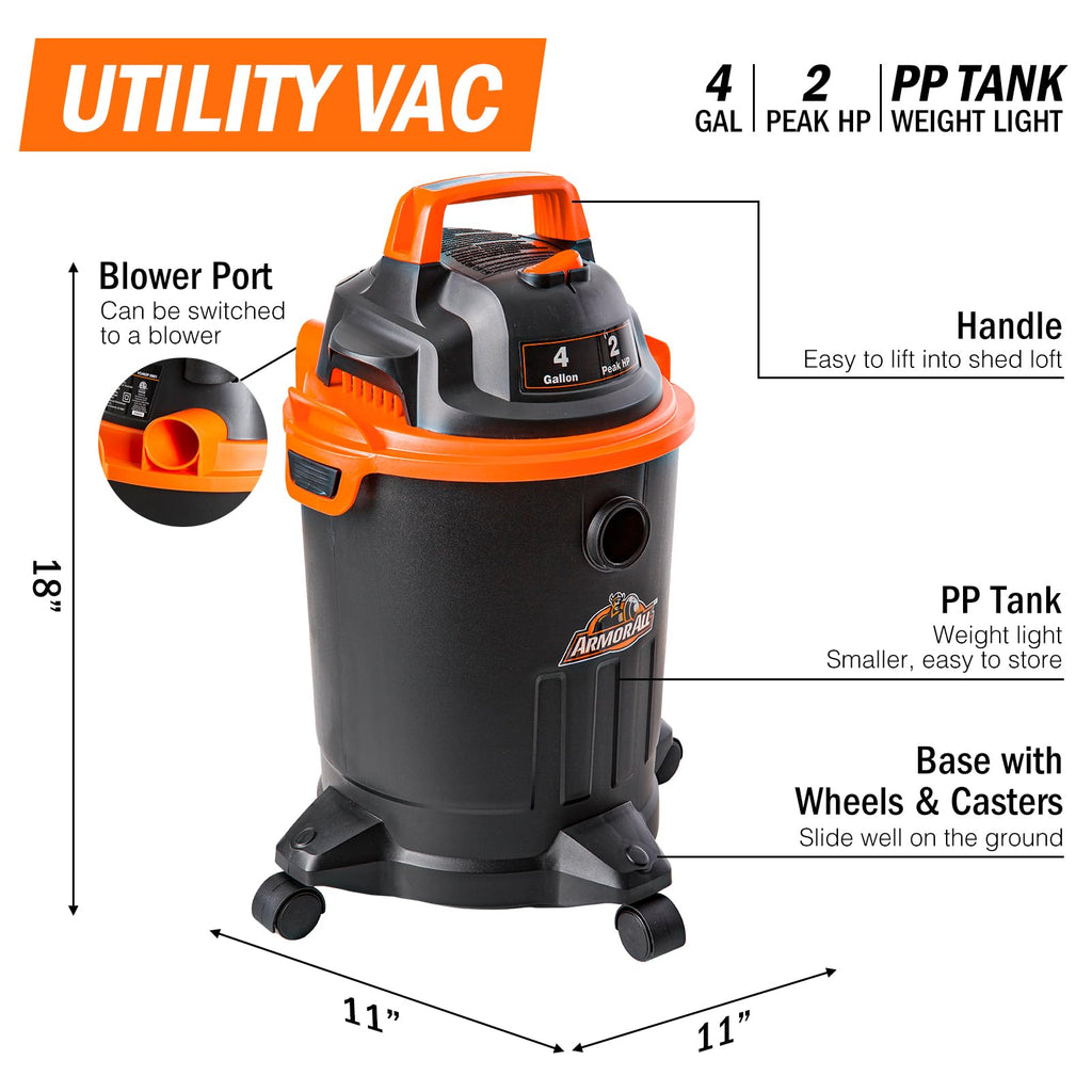 4 Gallon Wet/Dry Vac 2.0 Peak HP Shop Vacuum with Nozzles & Brush S169