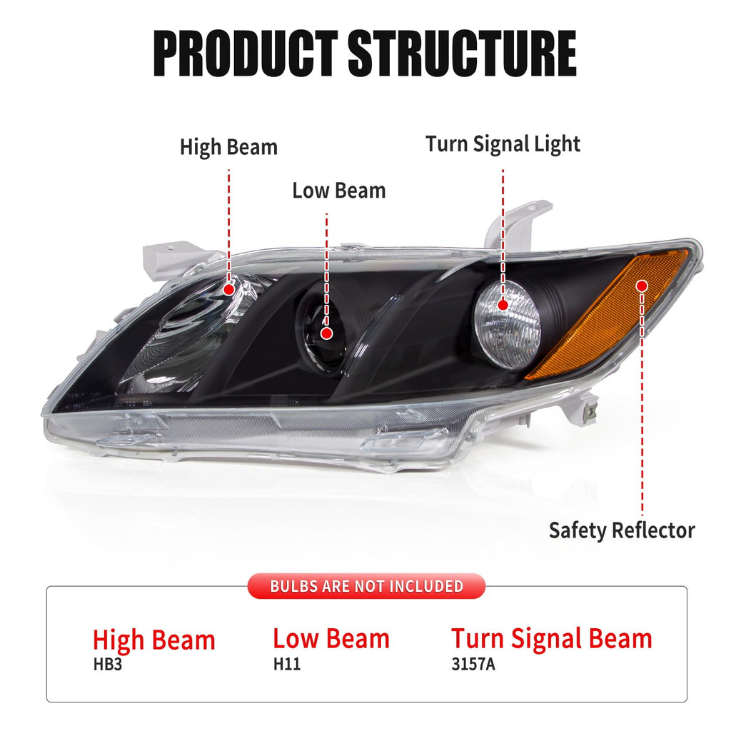 Camry Headlight Assembly Clear Lens Black Housing Left and Right Pair W53558