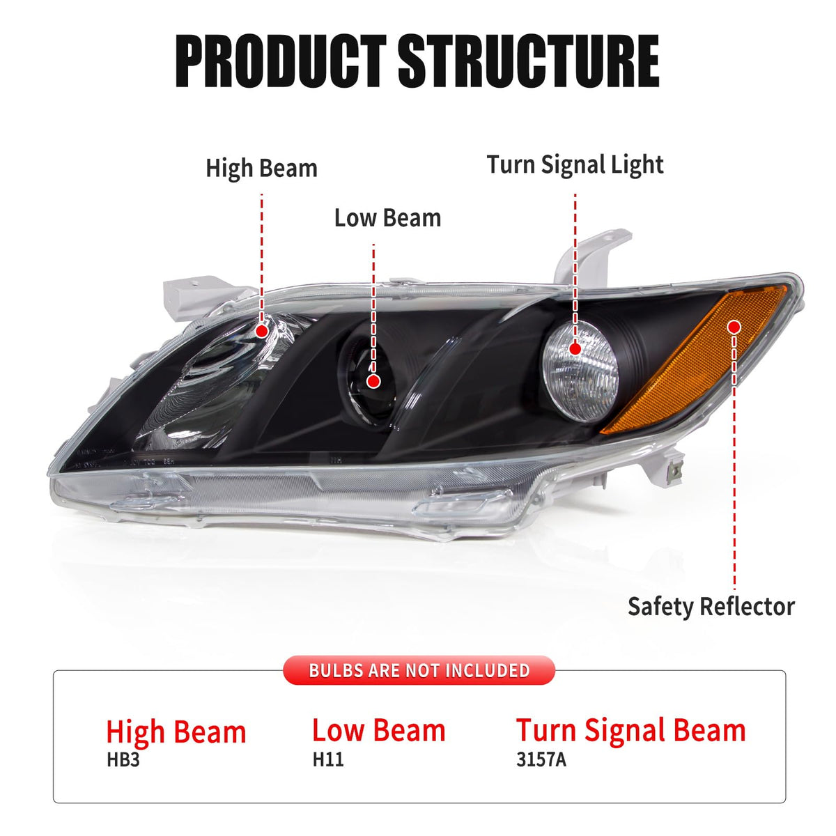 Camry Headlight Assembly Clear Lens Black Housing Left and Right Pair W53558