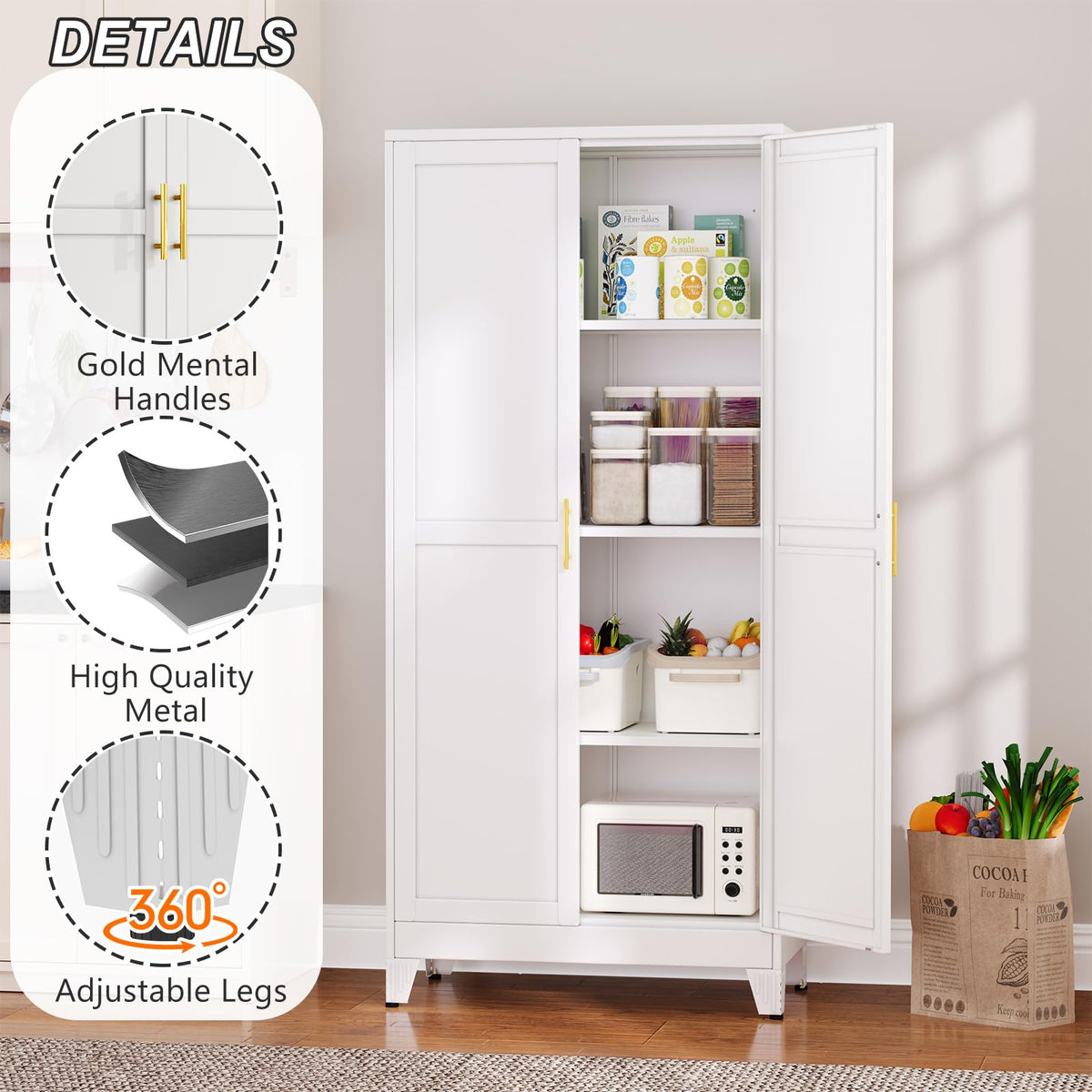 White Metal Pantry Cabinet with 2 Doors and Adjustable Shelves L872