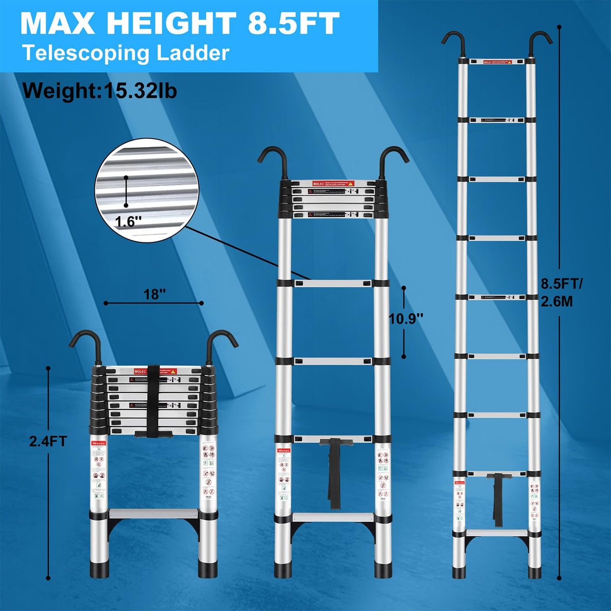Telescoping Ladder with Hooks, 8.5 FT, 330 lb Capacity I922697