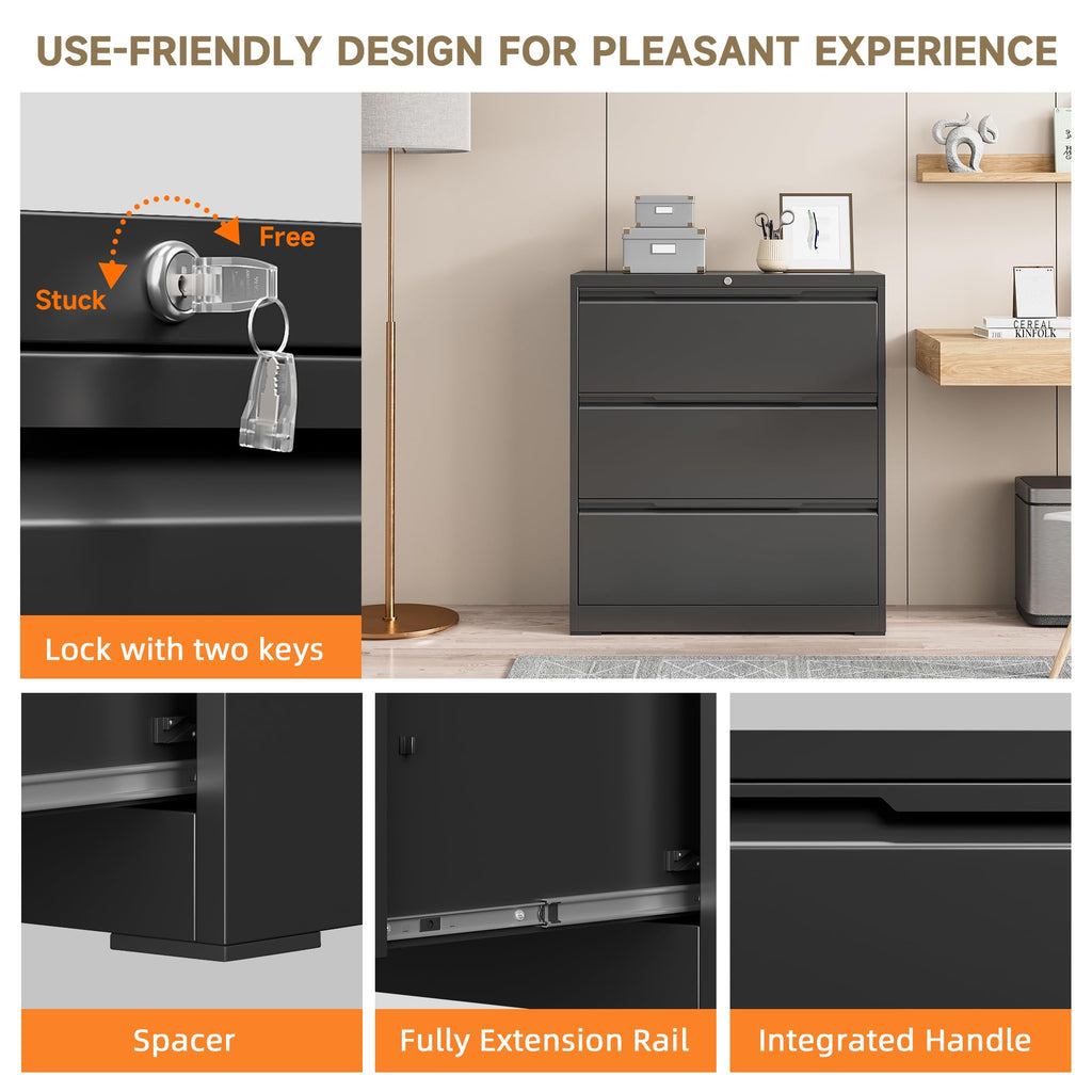 Black 3 Drawer Lockable Metal Lateral File Cabinet C100426