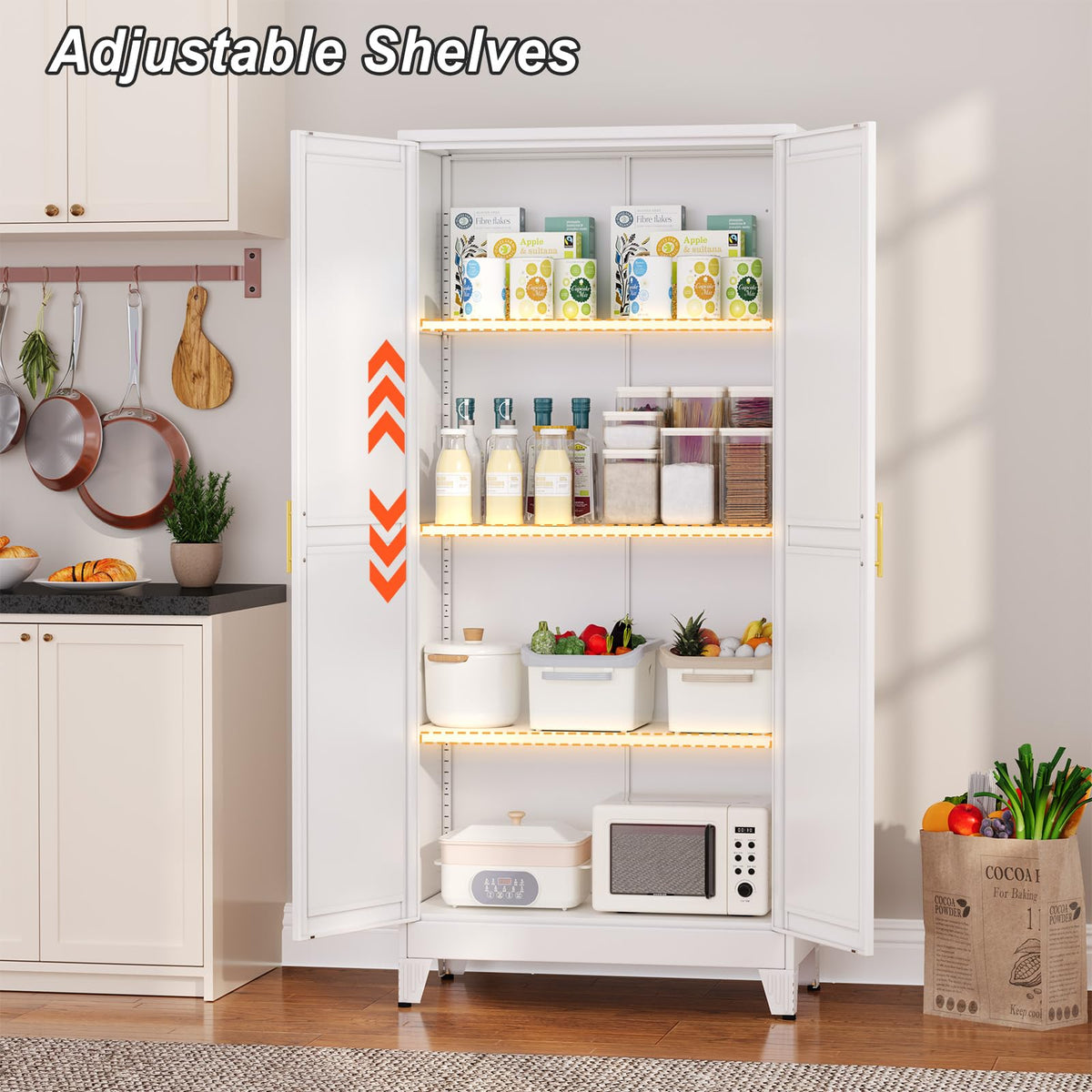 White Metal Pantry Cabinet with 2 Doors and Adjustable Shelves L872