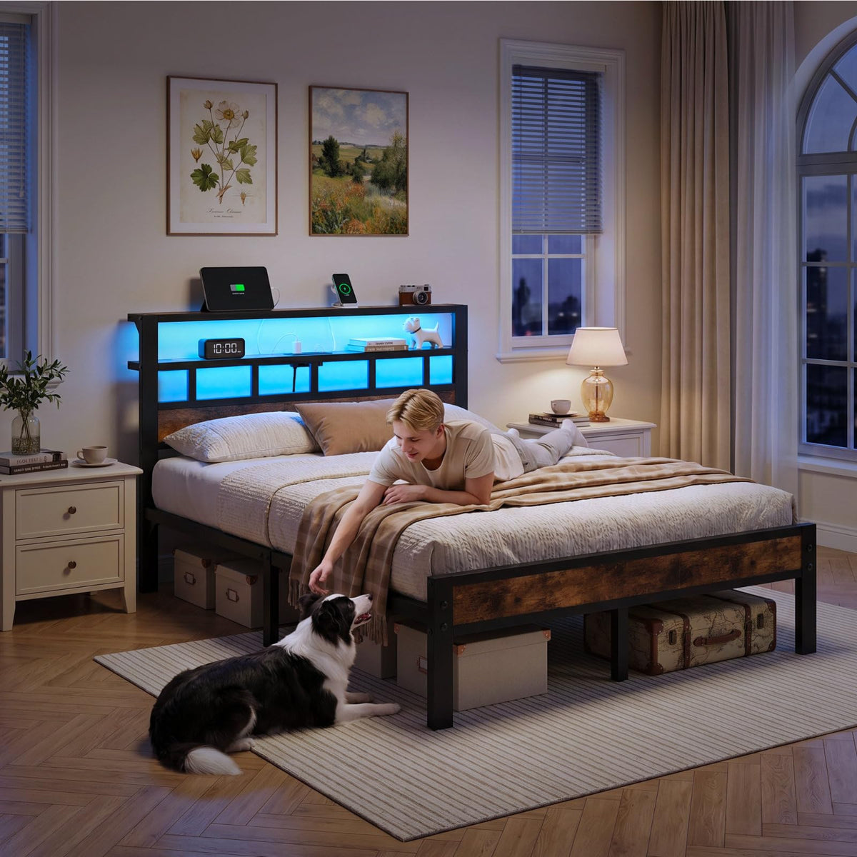 Metal Platform Bed with Charging Station and LED P454