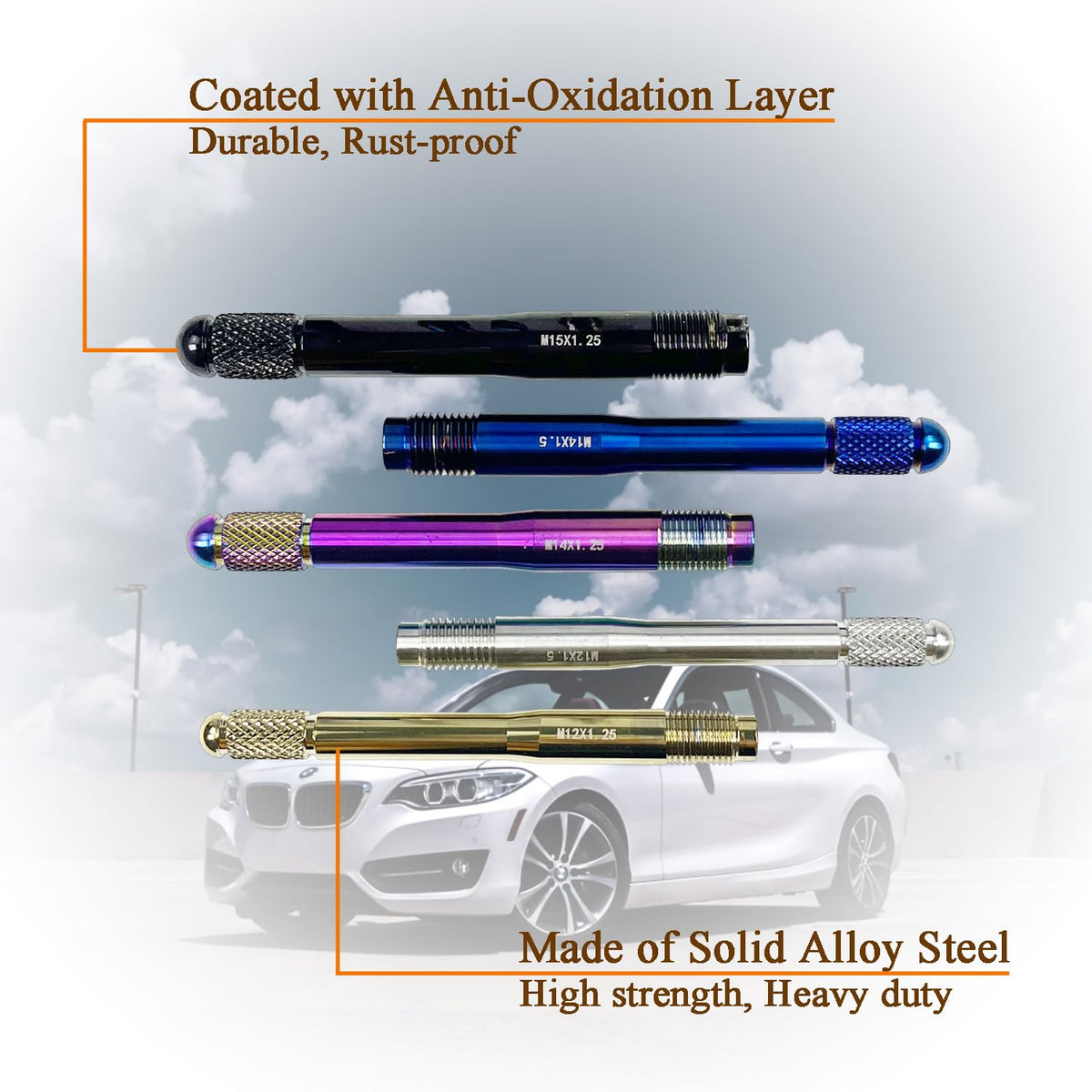 10PC Alloy Steel Wheel Alignment Pins Kit M12x1.5/1.25/M14x1.5/1.25/M15*1.25 Lug Bolt Guide Tool L207627