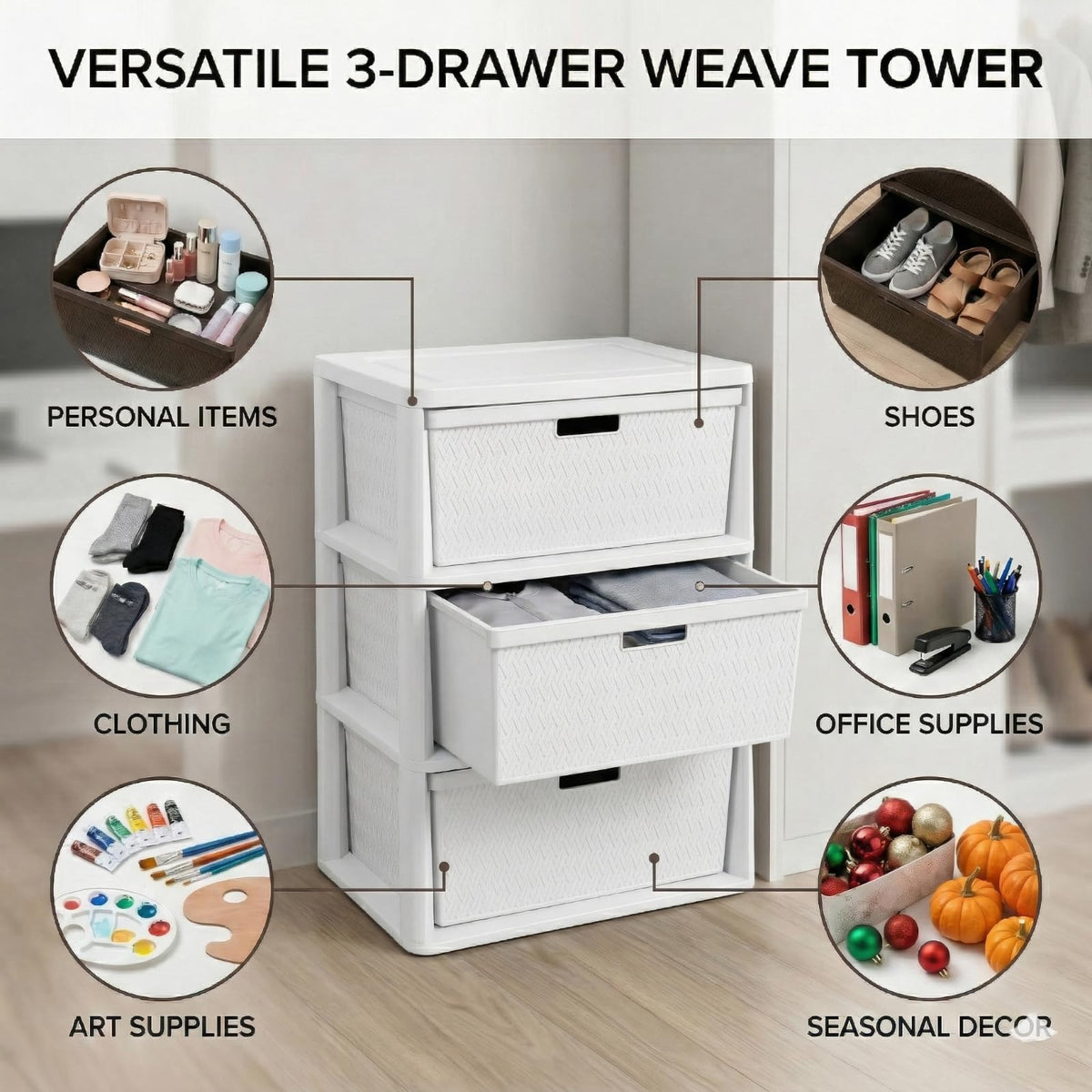 White 3 Drawer Plastic Storage Tower E1099