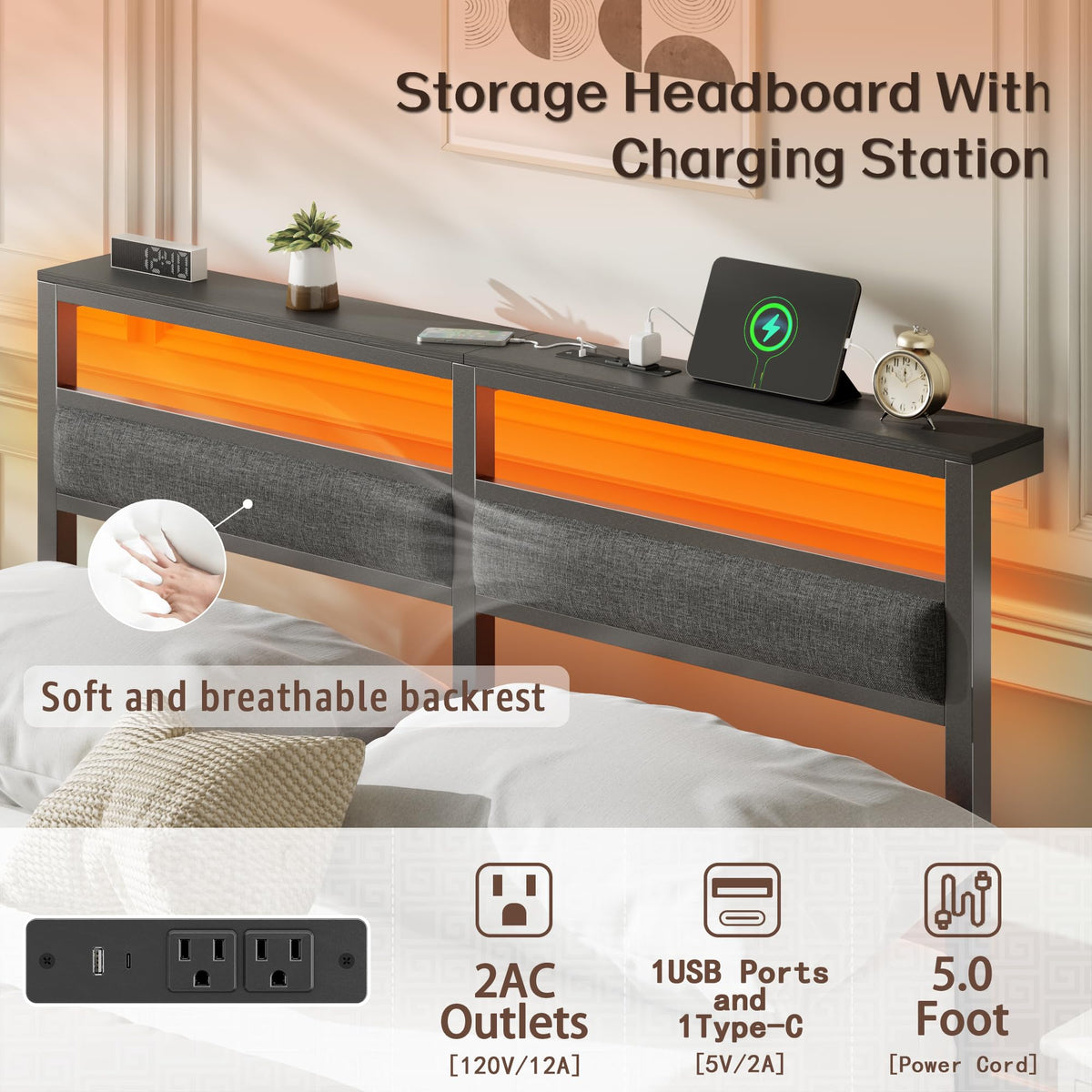 Full Size Black Platform Bed with LED Lights & Charging C798