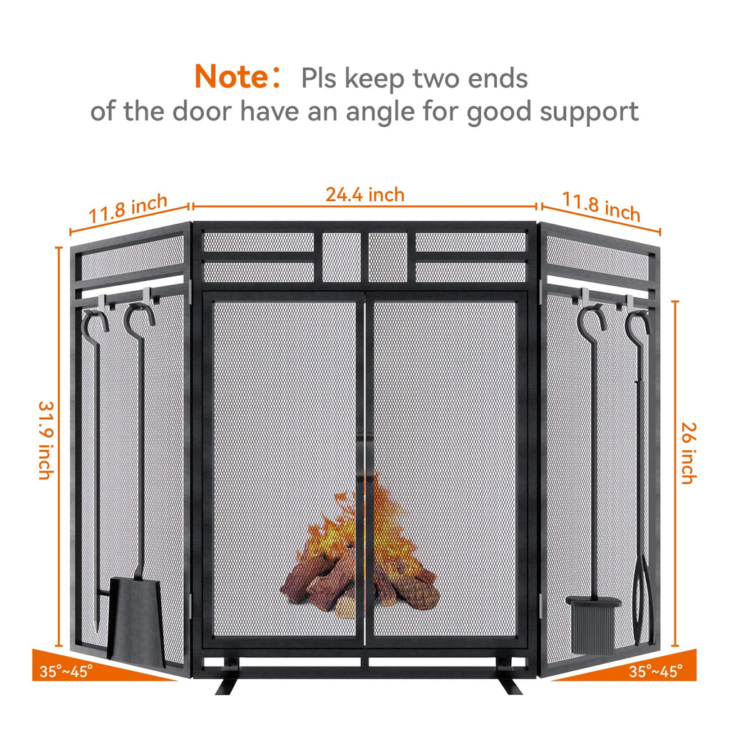 Black 3 Panel Foldable Metal Fireplace Screen with Tools N977915