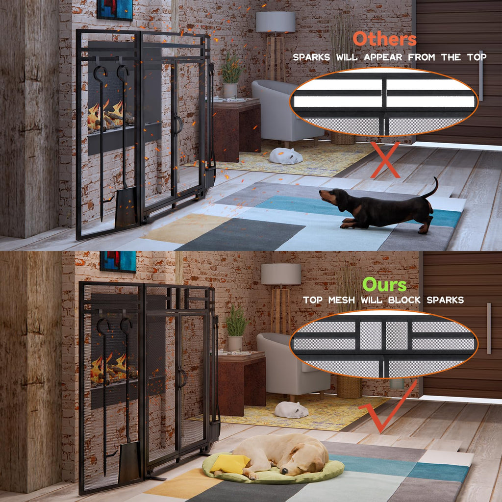 Black 3 Panel Foldable Metal Fireplace Screen with Tools N977915