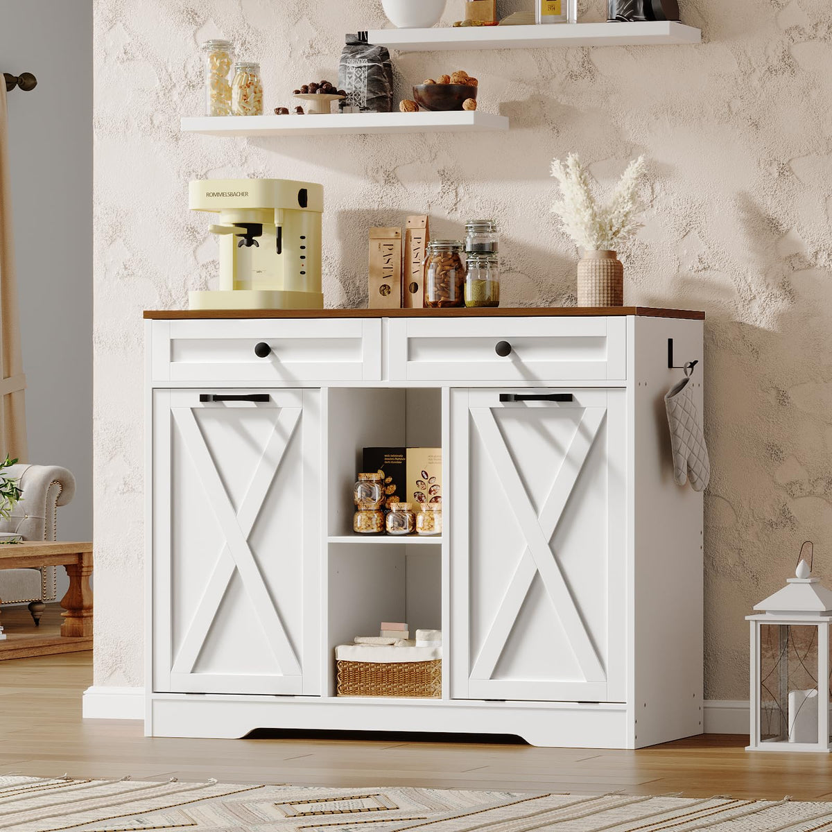 White and Walnut 23 Gallon Laundry Hamper Cabinet with 2 Drawers X8389