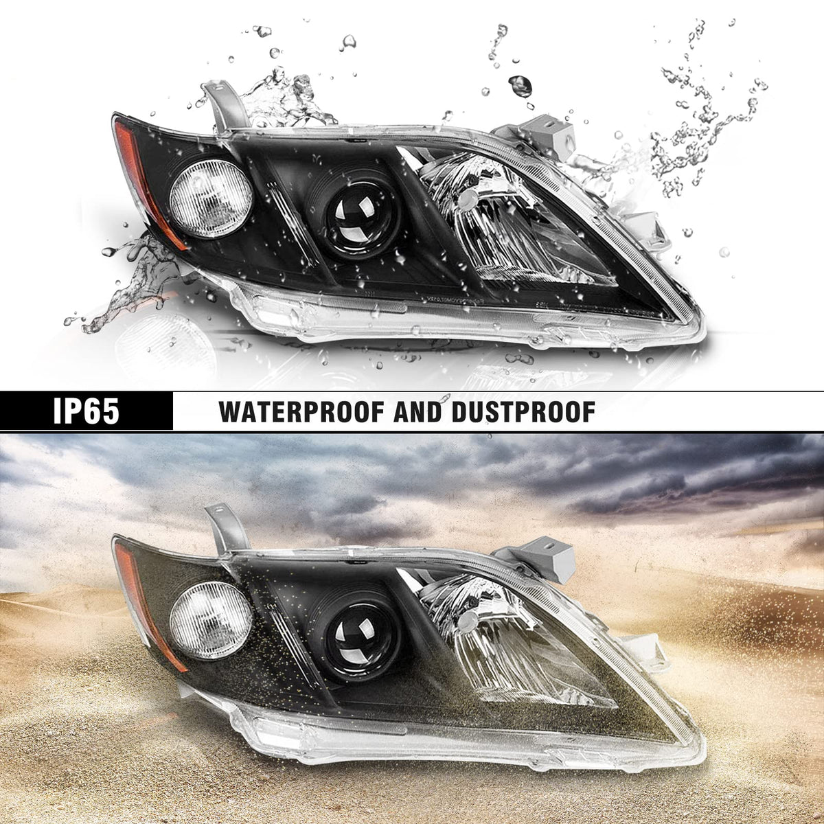 Camry Headlight Assembly Clear Lens Black Housing Left and Right Pair W53558