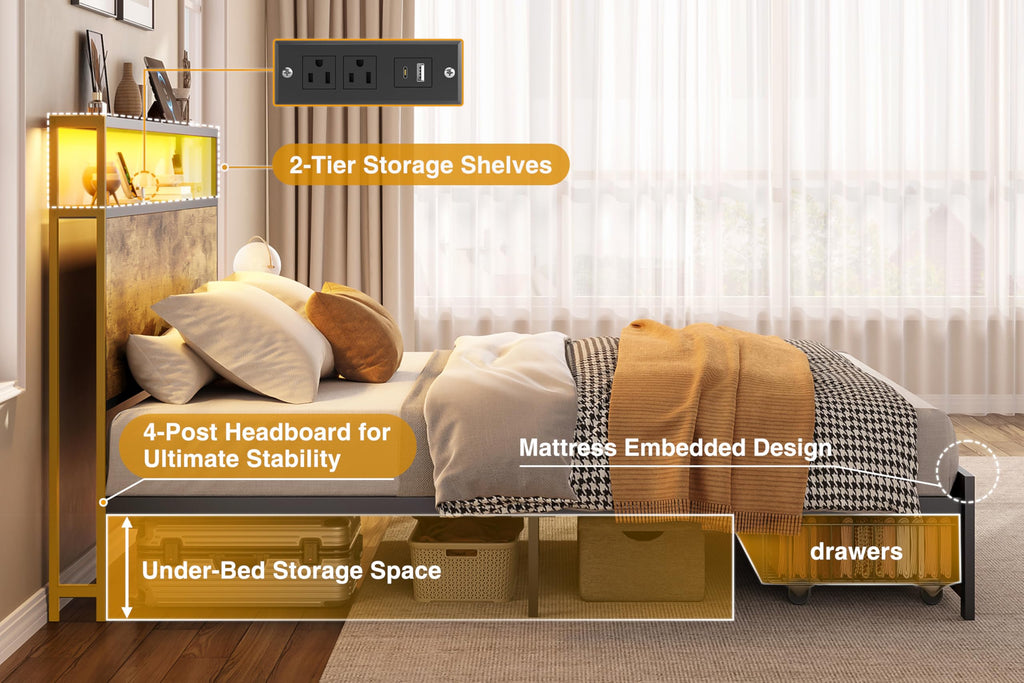 Queen Metal Bed Frame with Storage Headboard and 2 Drawers A100388