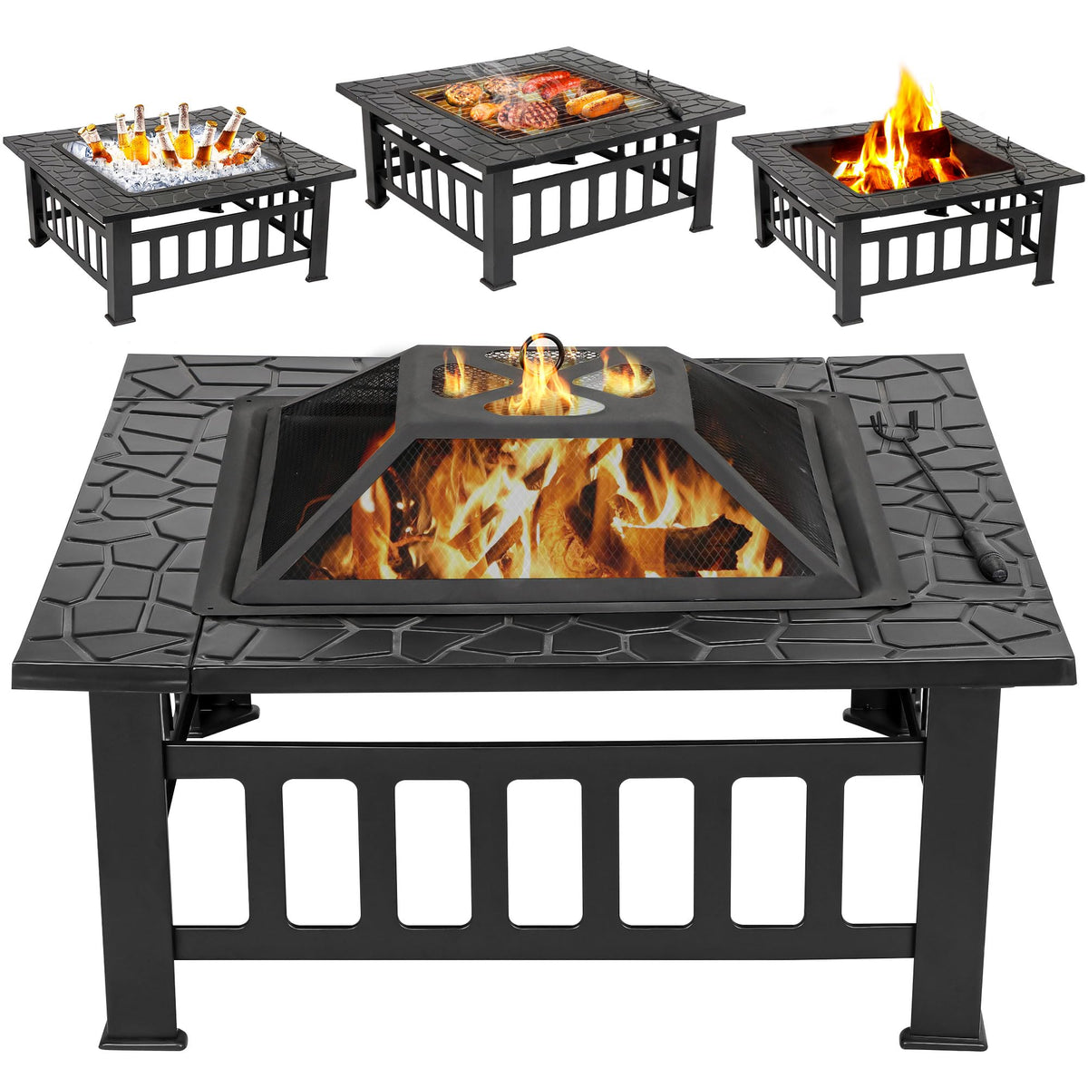32 Inch Square Metal Outdoor Fire Pit with Spark Screen Lid and Waterproof Cover O834