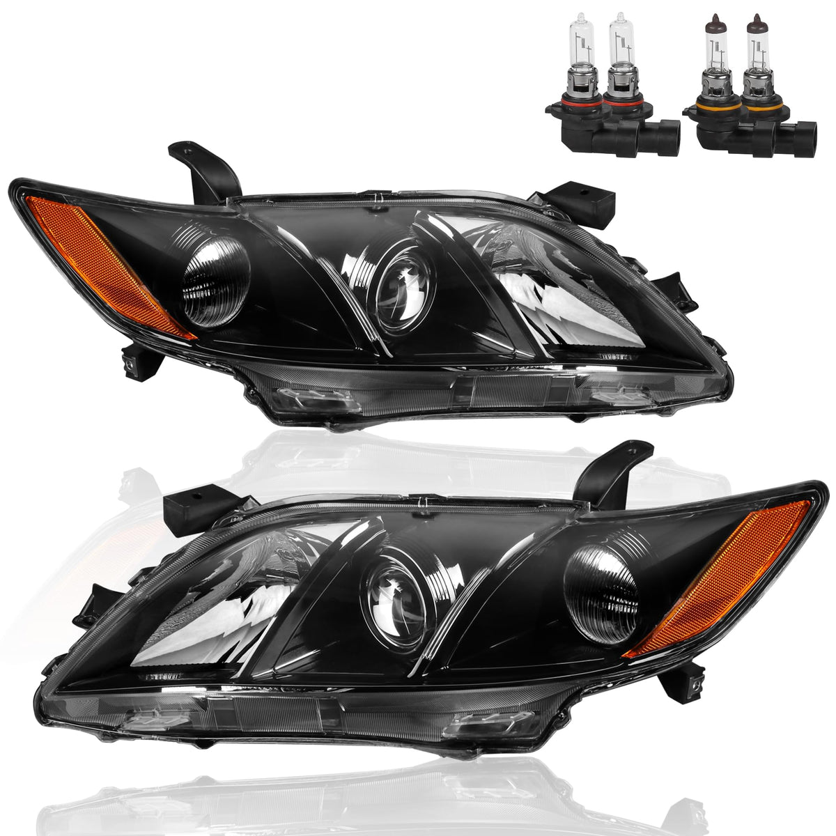 Headlights Assembly Replacement Compatible with Toyota Camry Halogen with Clear Lens Black Housing Amber Reflector Front Lamps Driver and Passenger Side S545